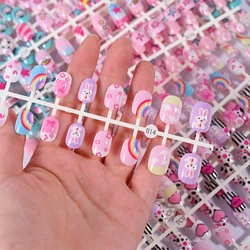 24Pcs/Strip Cartoon Kids False Nails Children's Wearable Full Cover Short Nail Tips Kawaii Acrylic Rainbow Rabbit Fake Nails #3*