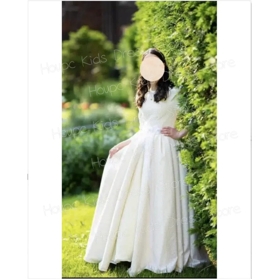 Custom White Lace Flower Girl Dress for First Communion, ShortBodice & Sleeve A-Line Gown with Smocked Full Skirt, Customizable