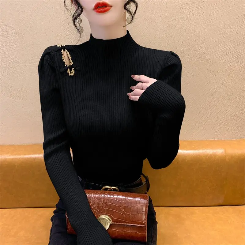 Crystal Knot Button Knitted Sweater New Autumn Winter Elasticity Slim Turtleneck Sweater Long Sleeve Office Lady Elegant Shirt