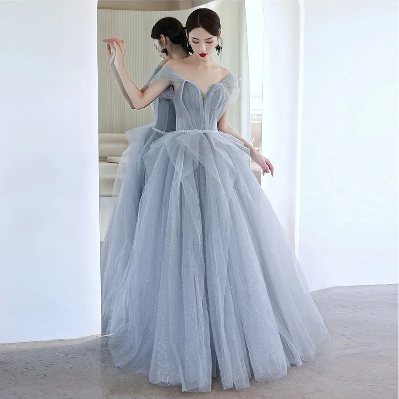 Customized Strapless Mesh Tiered Design Fairy Wedding Party Dress Slim Waist Slash Collar Back Lace Up Prom Robe 2024 Summer Eve