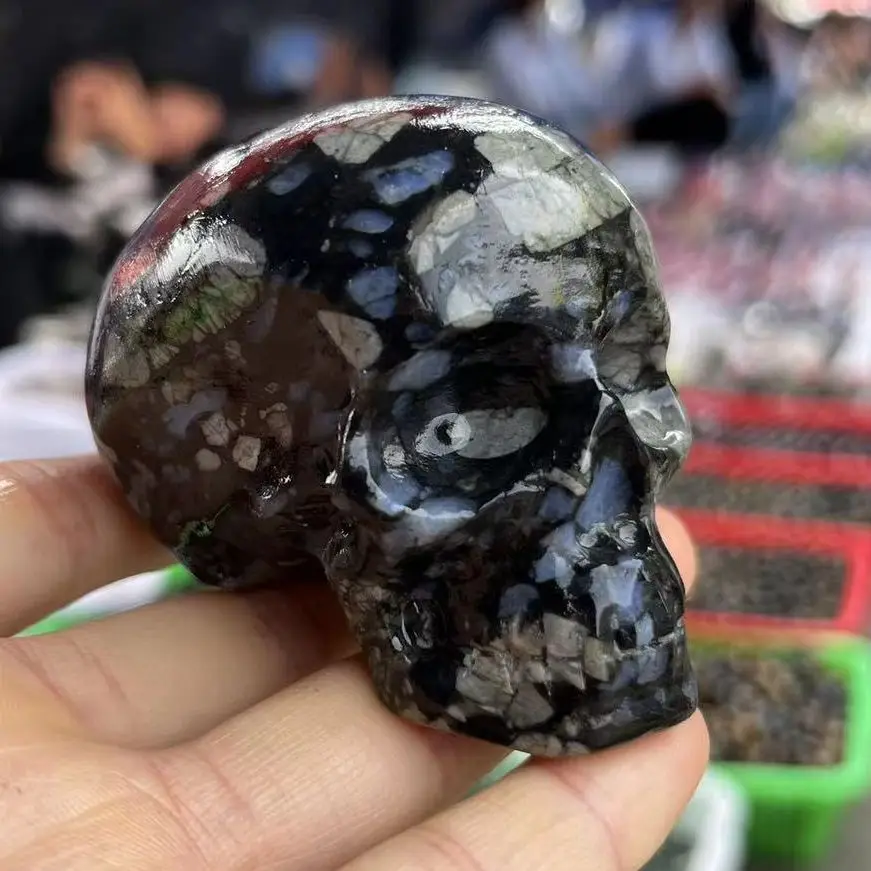 

Natural Glaucophane Polished Crystal Skull Mineral Gems Ghost Head Carved Reiki Healing Gift Crafts Feng Shui Home Decoration