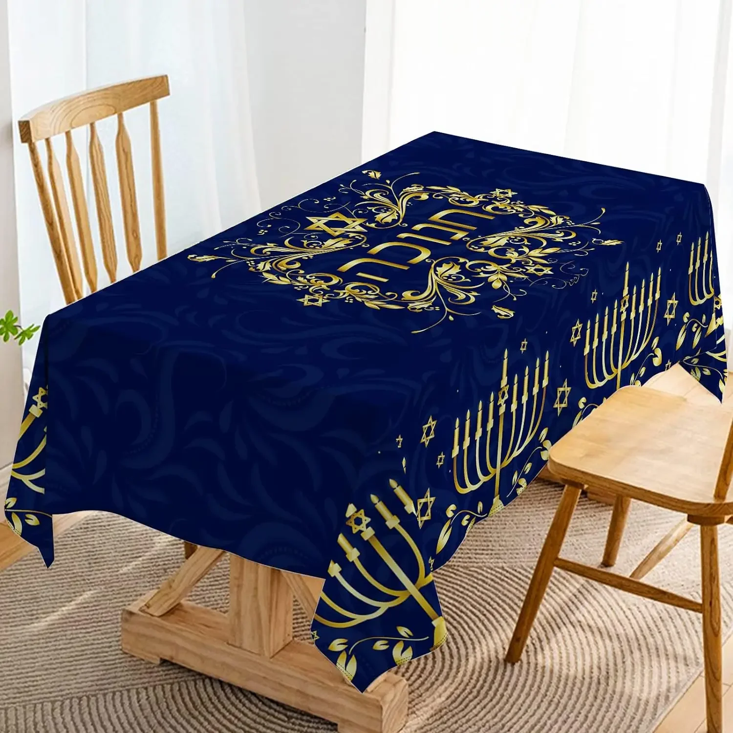 Hanukkah Rectangle Tablecloth Jewish Chanukah Menorah Holiday Party Decoration Festival of Lights Home Dining Table Cover Decor