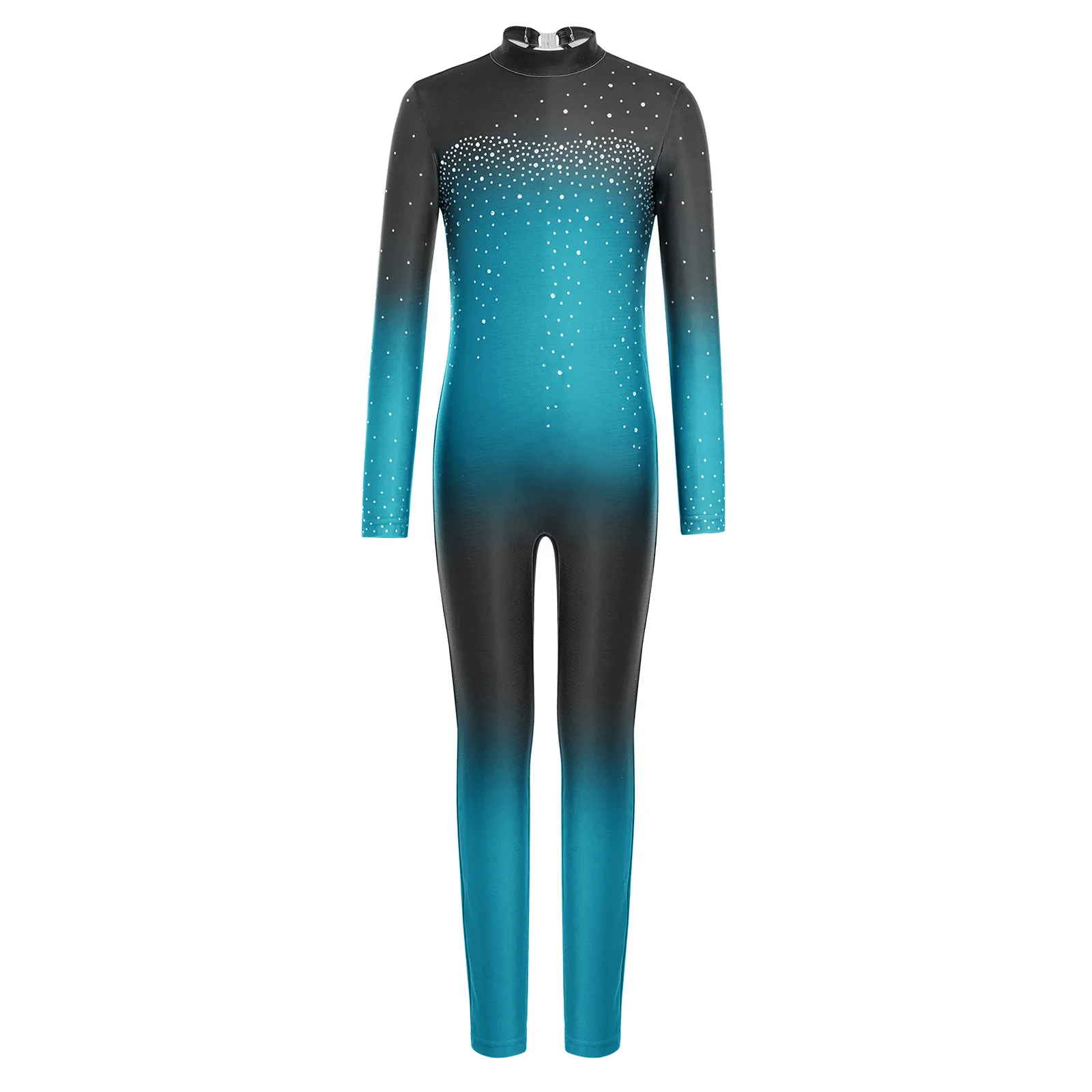 Kids Girls Gymnastic Ballet Dance Leotard Shiny Rhinestones Long Sleeve Gradient Color Jumpsuit for Figuring Skating Performance