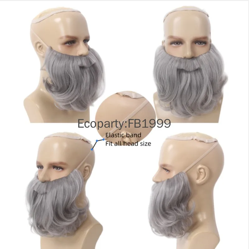 Nuovo set completo di parrucche per barba cosplay di Babbo Natale Set di parrucche ricce bianche grigie per Mr Babbo Natale Eygpt King Barba Set di costumi di Halloween
