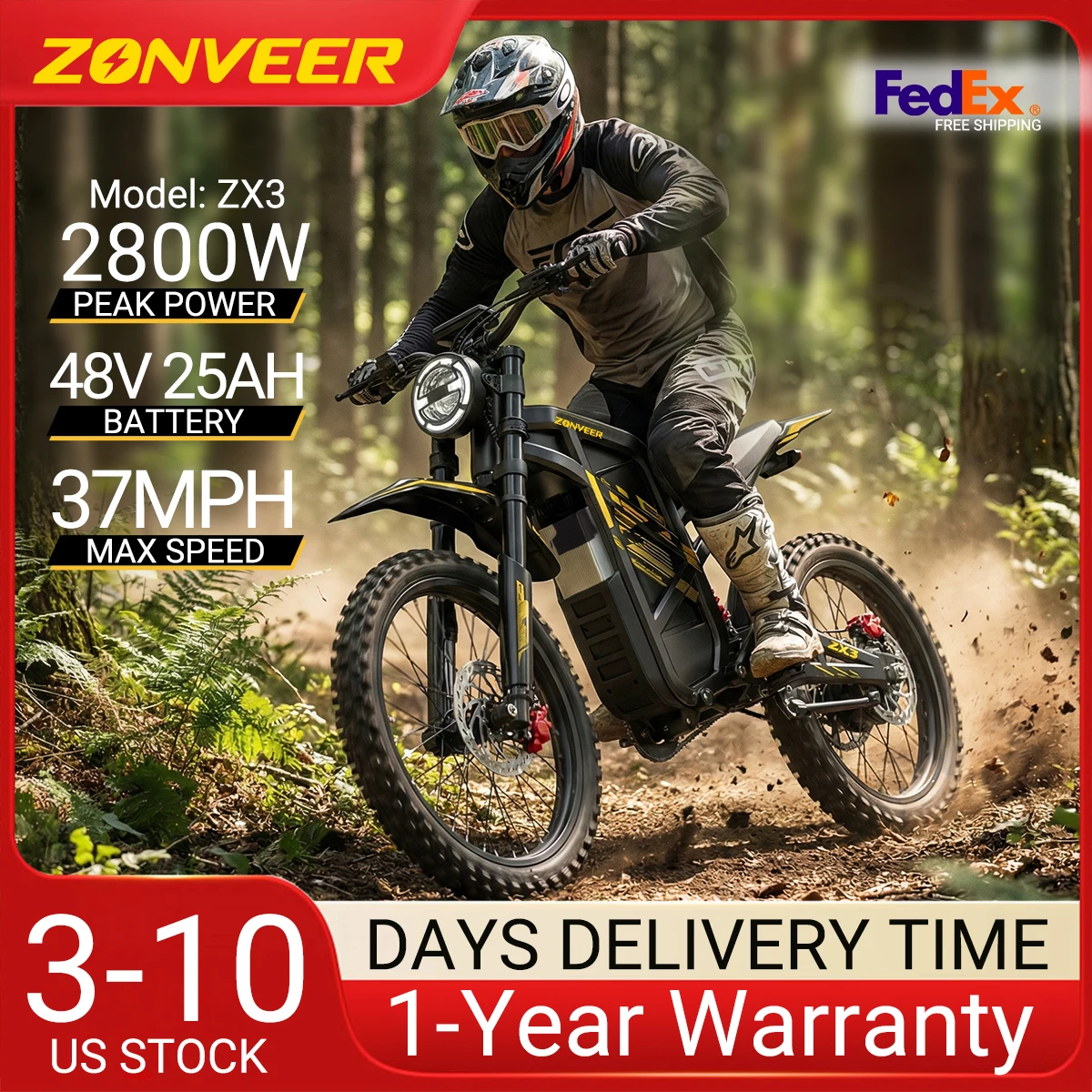 

Электрический внедорожный мотоцикл Zonveer ZX3 2800W Peak для взрослых, аккумулятор 1200 Вт·ч, скорость 37 миль/ч, гидравлические тормоза