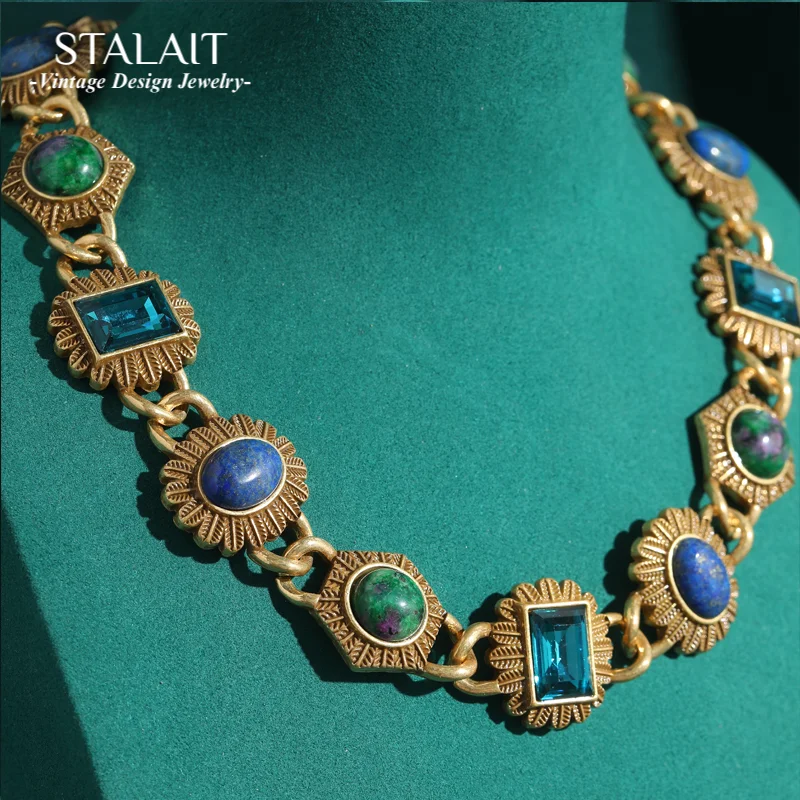 

Vintage Antique Blue Chokers Necklaces For Woman Jewelry Collar Natural Stone Shape Rectangular Elliptical Accessories Christmas
