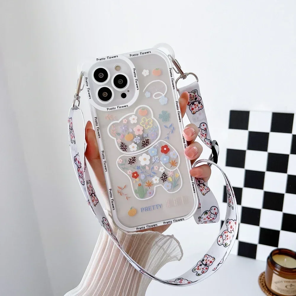 Cute Cartoon Flowers Bear Crossbody Case For iPhone 15 14 13 Pro Max 11 12 X Xs 7 8 Plus Cat Necklace Transparent Soft TPU Cover