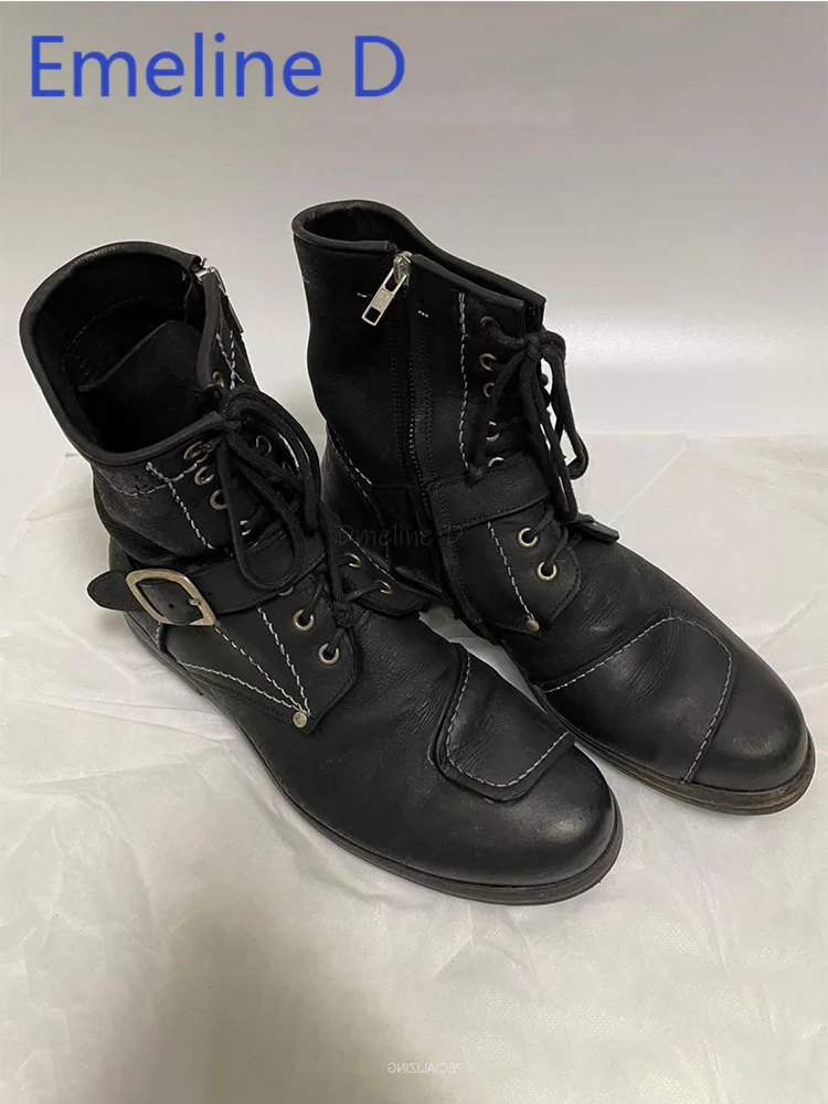 

Strap Side Zipper ShortBoots Niche Design Round Headed Leather Splicing Color Blocked Strap Buckle Retro Height Increasing Boots