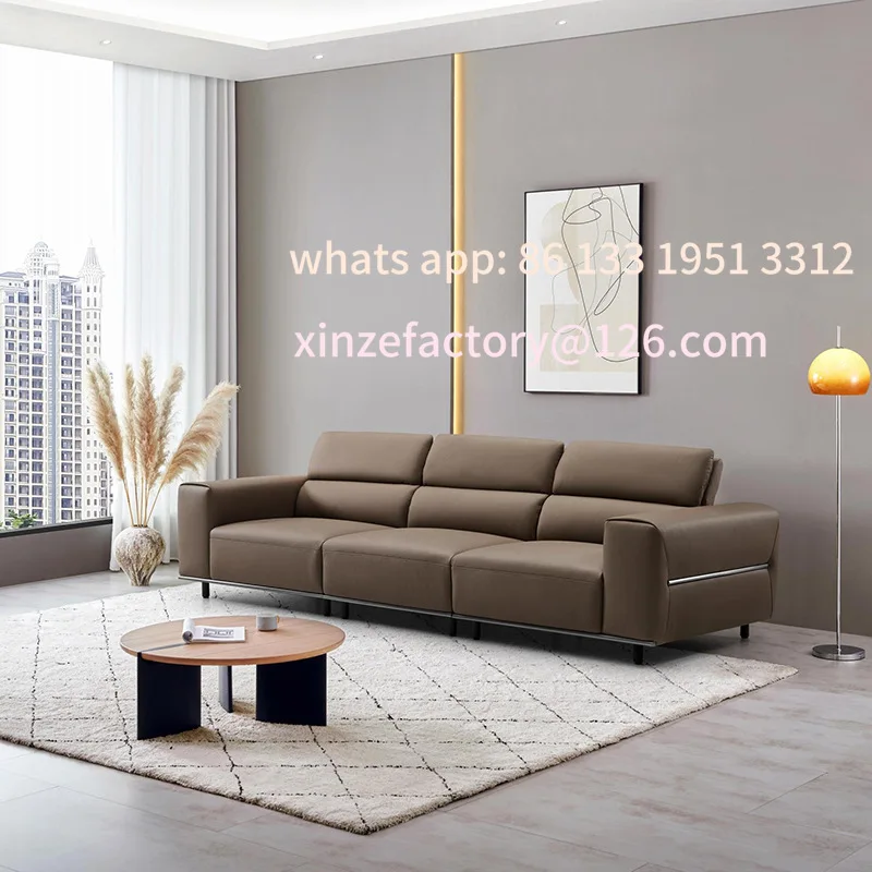 

Customizable leather sofa retro style living room sofa, modern simple brown tofu block cowhide sofa