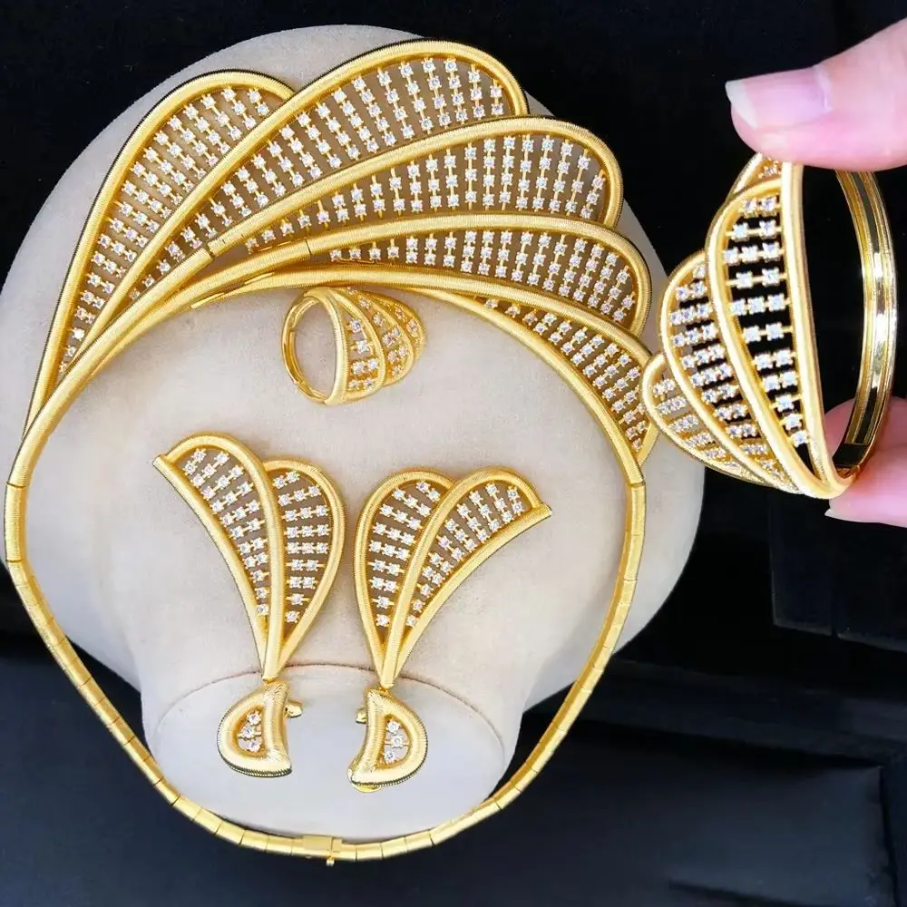 

Luxury FLower Floral 4PCS DUBAI Jewelry Sets For Women Wedding Cubic Zircon Crystal CZ Indian African Bridal Jewelry Sets