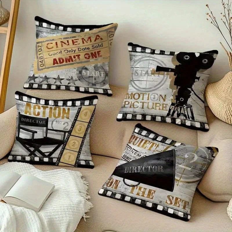 1PC 2D Flat Vintage Movie Theater Themed Throw Pillow Covers Retro Cinema Home Decor Cushion Cases No Pillow Core