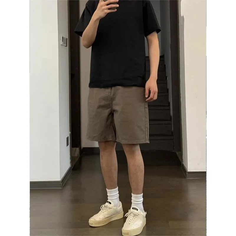 

Vintage Stretch Denim Men's Summer Loose Casual Straight Five-Point Trendy Brand Sports Brown Half Shorts