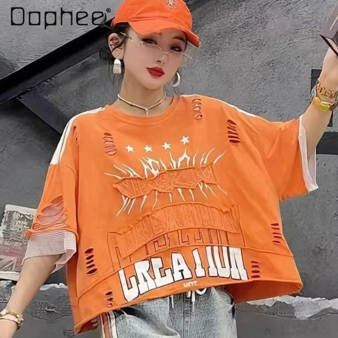 

Vintage Orange Distressed Letter Print Oversized T-Shirt Women's 2026 Summer New Streetwear Graphic Tee Loose Holes Tops