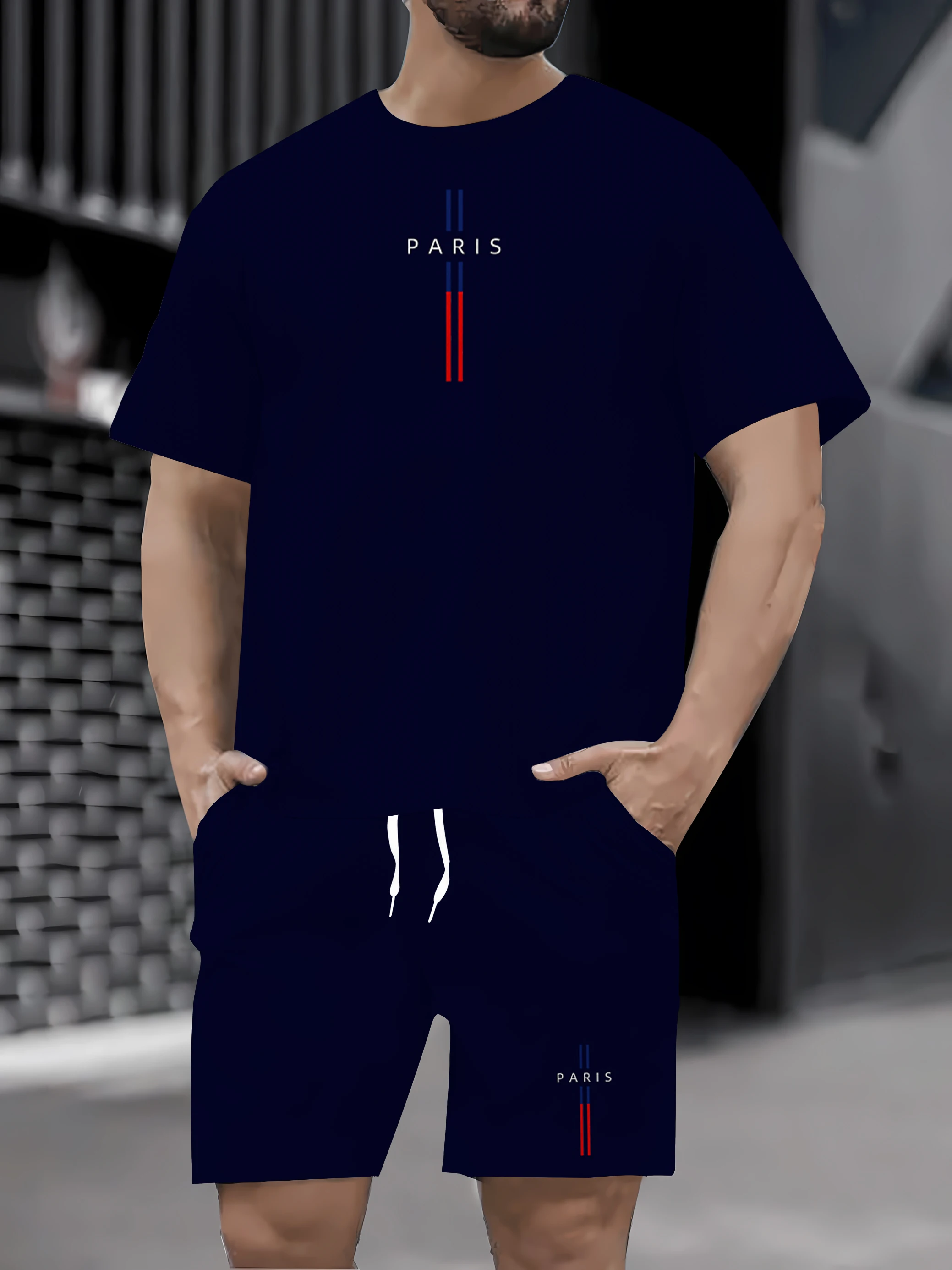 

2025 Summer Pattern Printed Men's Two piece Fashion Casual Clothing Set, featuring a round neck short sleeved T-shirt and drawst
