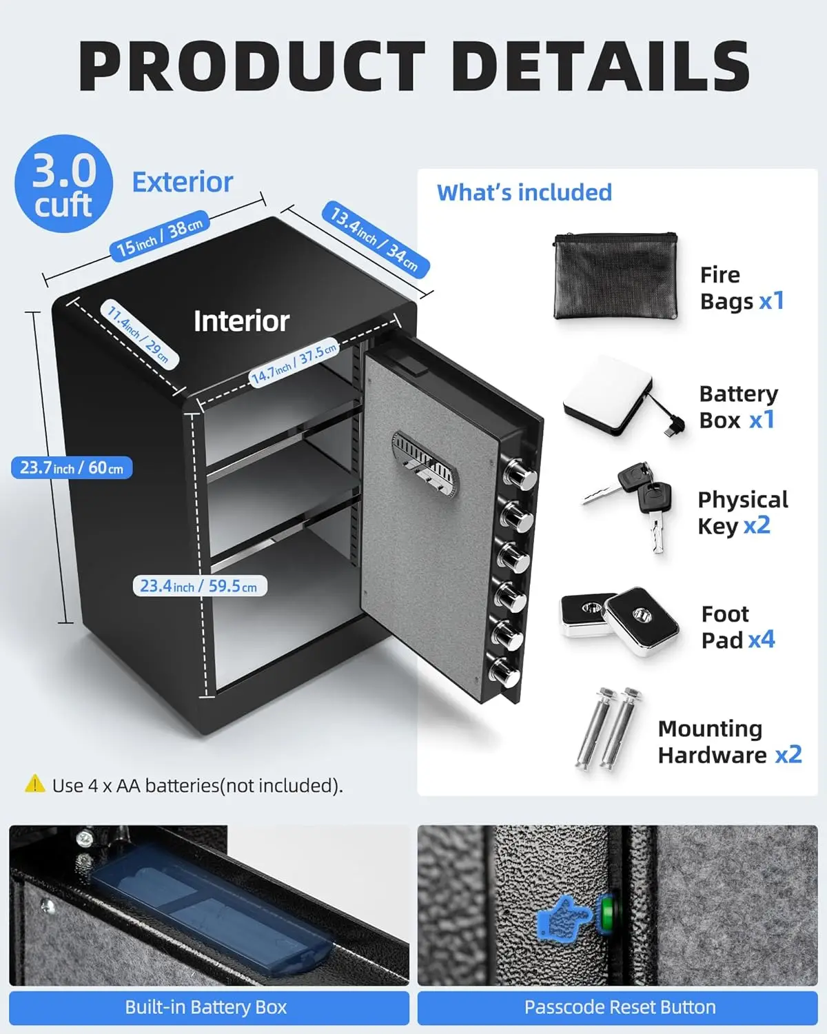 Cubic Feet Home Safes with Fireproof Waterproof Bag, Security Safe for Money Cash Documents, Digital Keypad