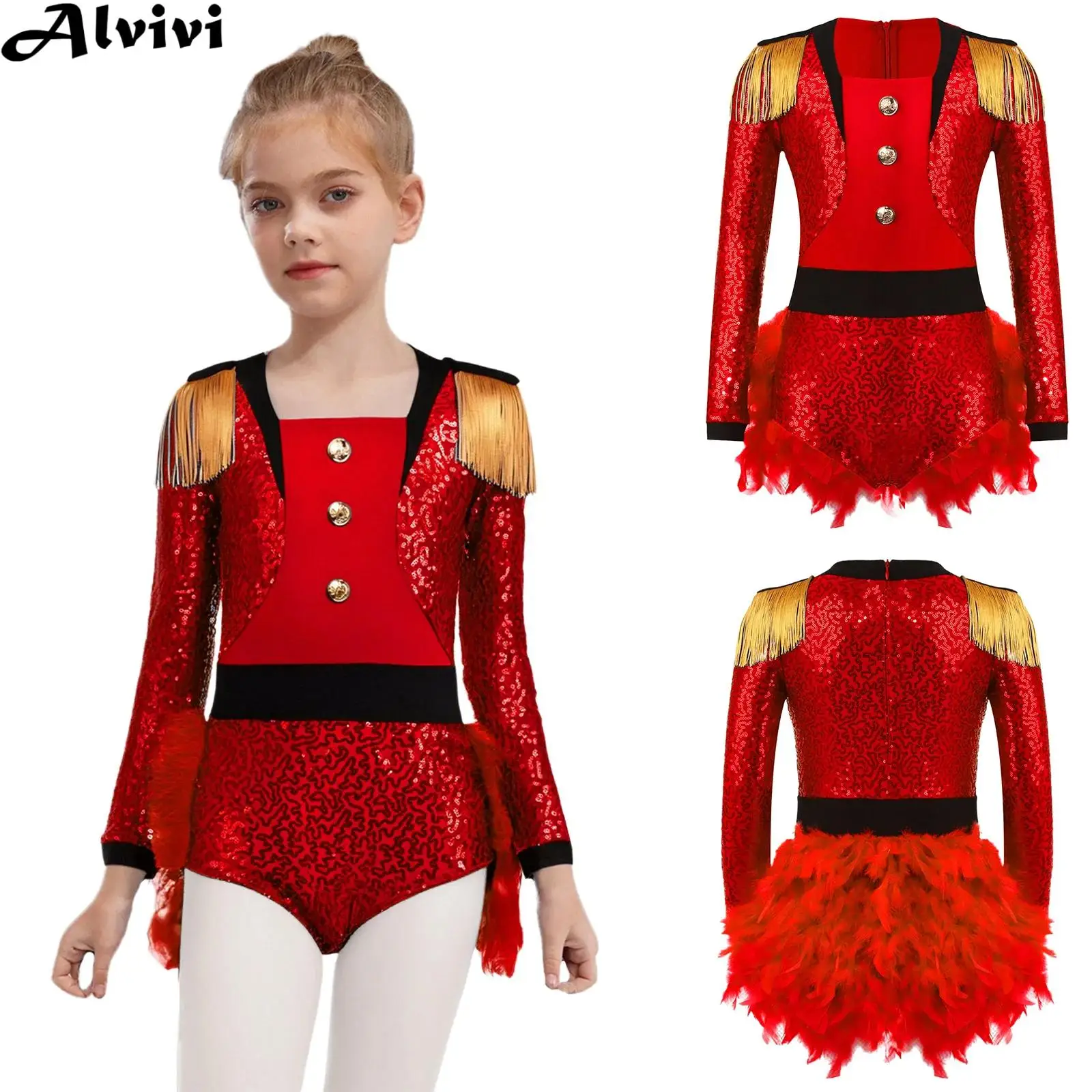 

Детское танцевальное трико с длинными рукавами и блестящими перьями для девочек, платье на Хэллоуин, карнавал, цирковой манеж, волшебник, карнавальный костюм