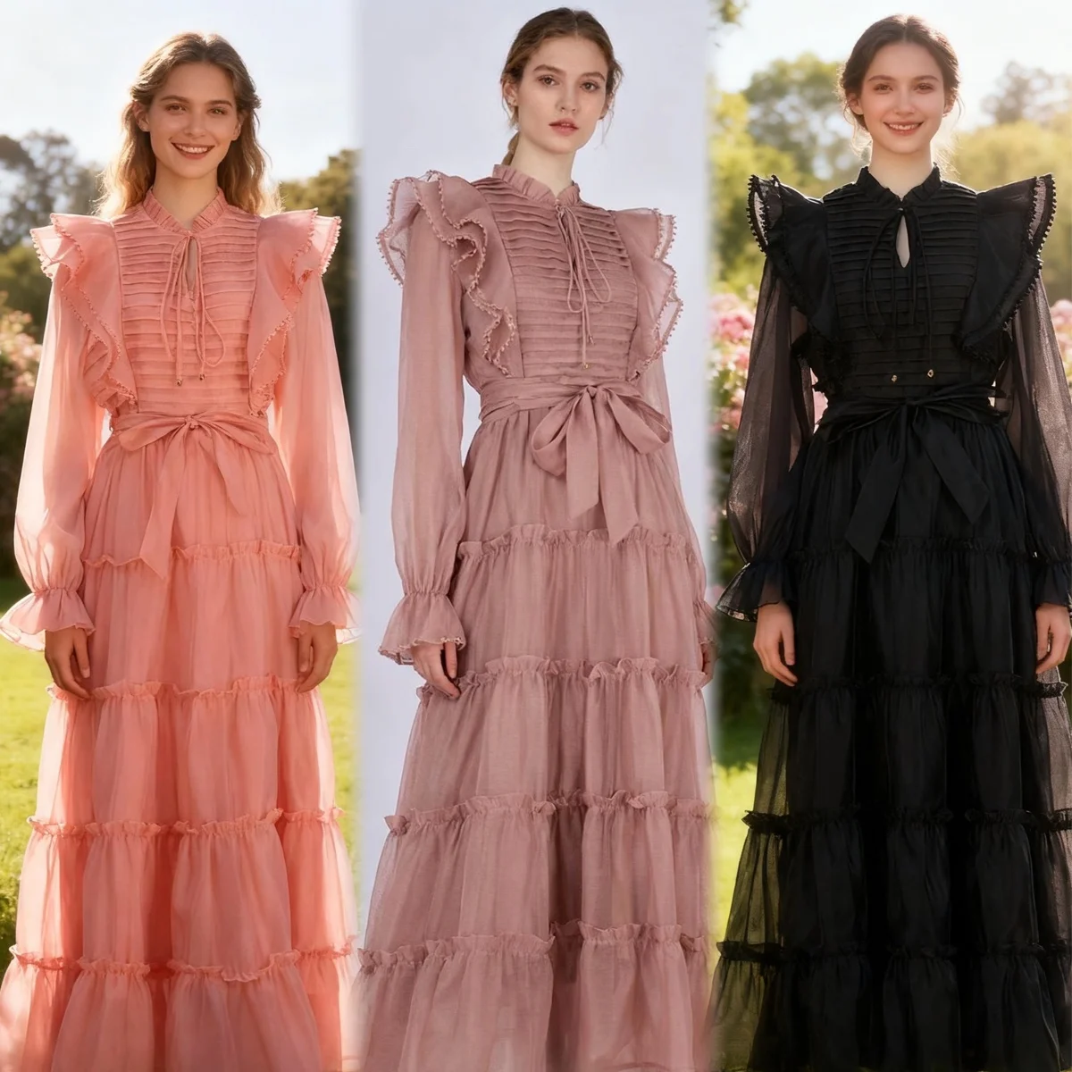 Ele Lange Chiffon Plissee Design Spleißen Spitze Dr. Sechs Farben Damen Faion Frühling Herbst Winter Lange Sve Ball...