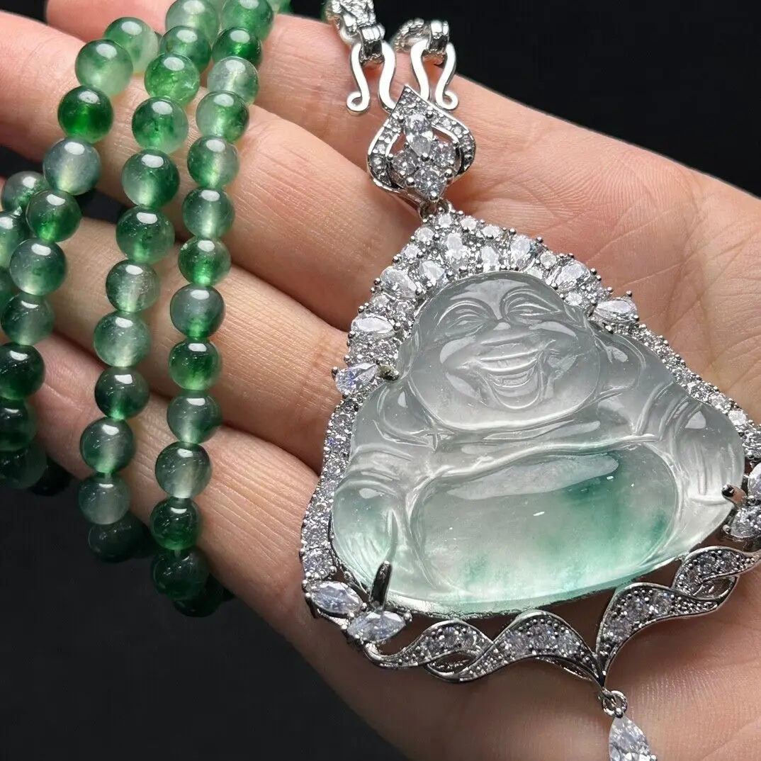 Certified Nature inlay Ice White Jade Jadeite Carved Buddha Pendant&Necklaces Buddha God