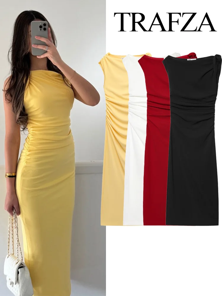 

TRAFZA Women Summer Elegant Yellow O-Neck Sheath Long Dresses Folds Decorate Zipper Women's Fashion Slit Sleeveless Dress 2025