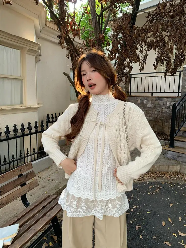 

White Lace Splicing Long Sve Knitted irt Women's Autumn New Sle Pleated Skirt Sle Layered Wear Mid-Length Top