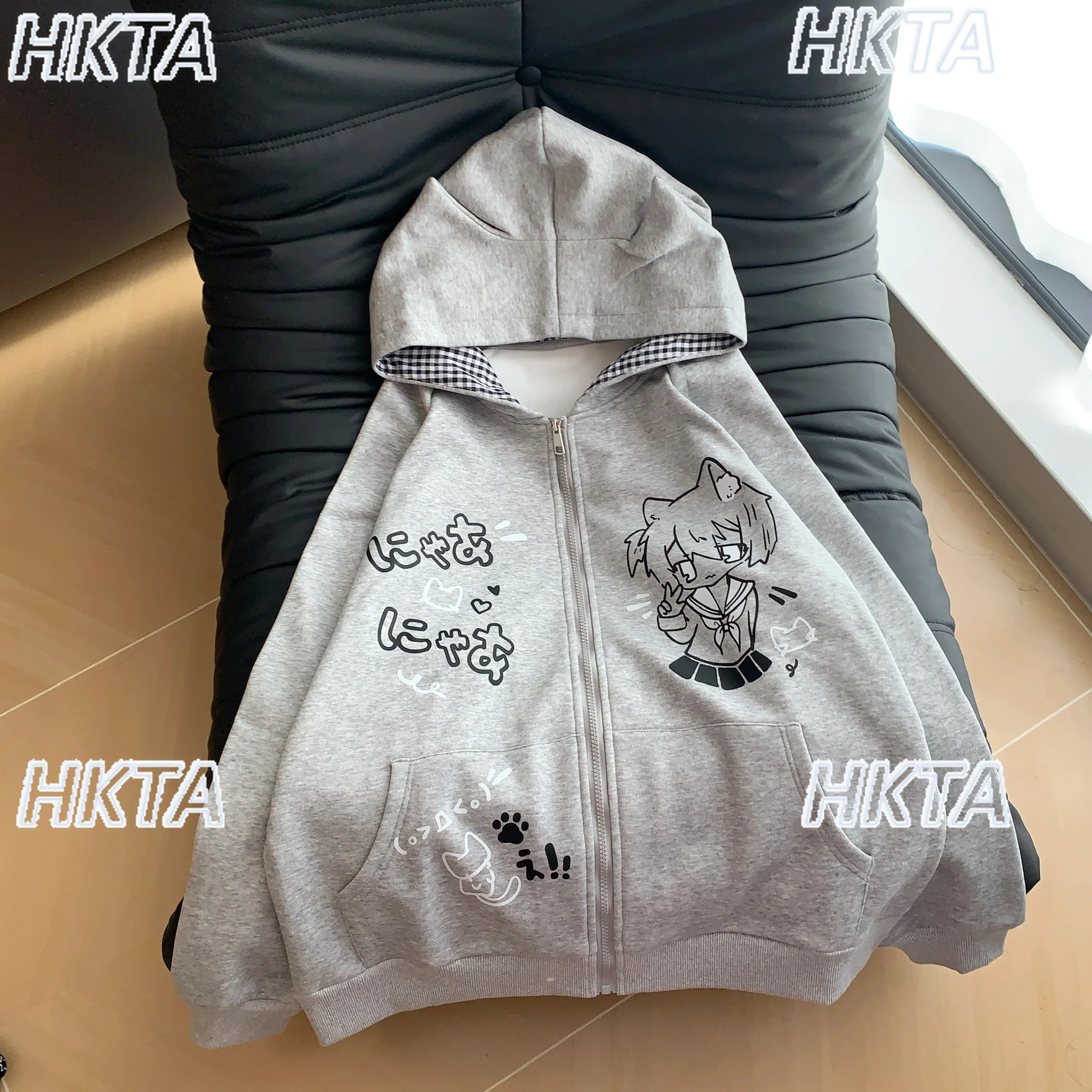 Dulce diario a cuadros lindo estampado de dibujos animados de manga larga sudaderas con capucha abrigo de invierno cálido chaqueta de terciopelo suelta bidimensional para mujer