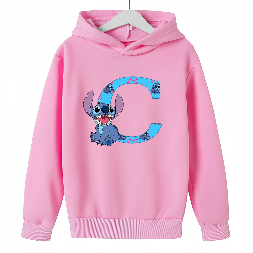 Sudaderas con capucha para niños y niñas, suéter de Manga con dibujos animados de Anime, ropa informal, Tops de moda Kawaii, letras Stitch, Rosa