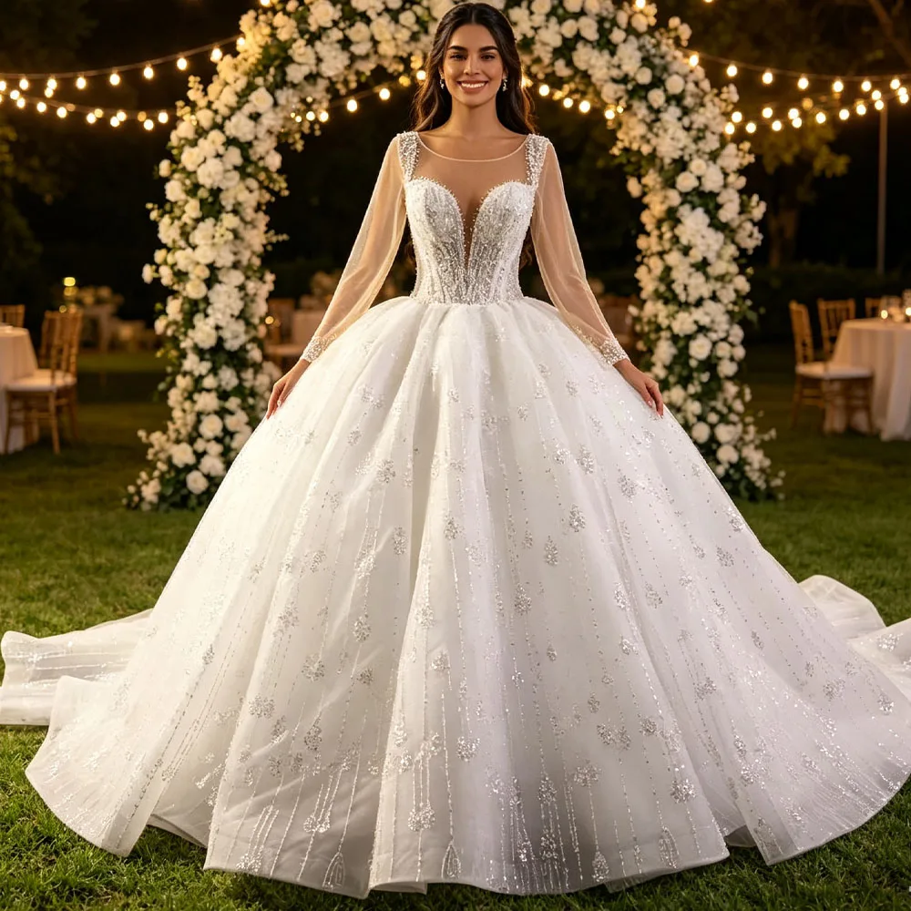 Princess Wedding Dress O Neck Long Sleeve Lace Up Back Beading Sequined Customized Ball Gown Robe De Mariee