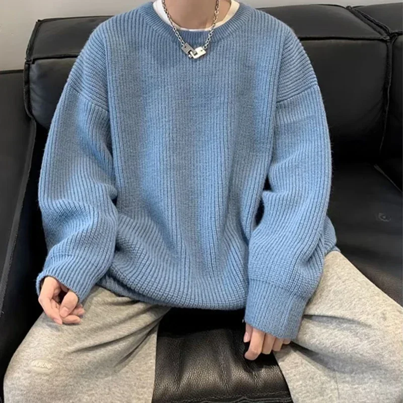 

2024 Autumn Crew Neck Solid Color Pullover Sweaters For Men Casual Y2K Knitted Sweater High Street Fashion Jumpers Hombre