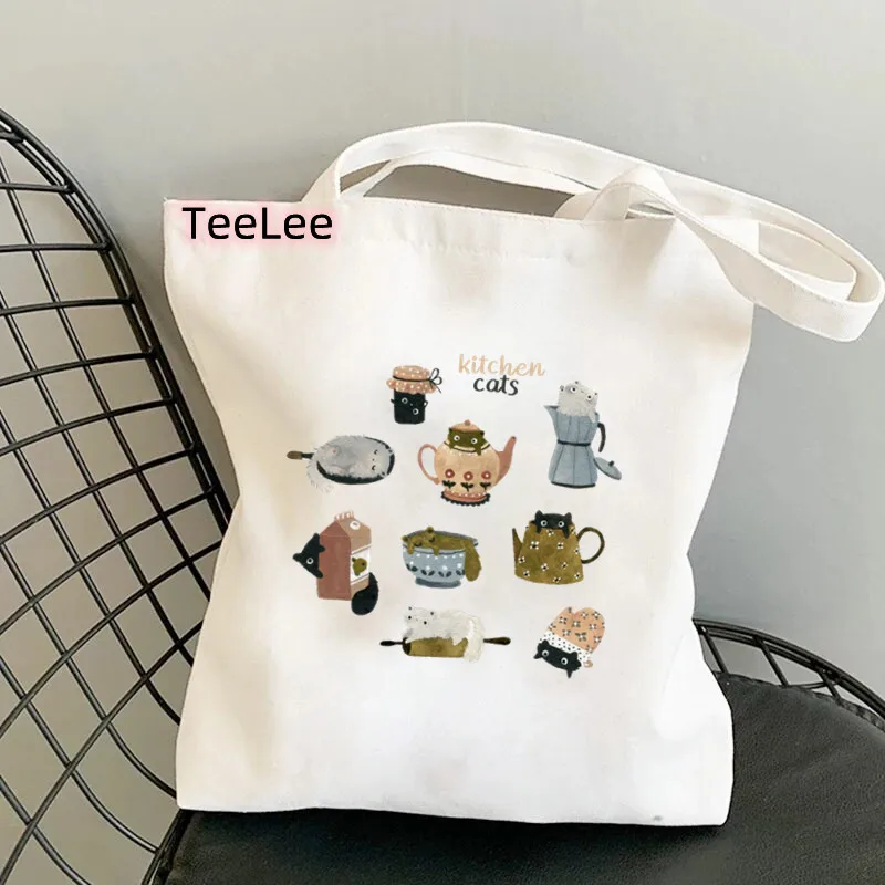 Cats Canvas Tote Bag Shopper Bag Animal Bee Handbag Fashion Casual Large Capacity Cute Cartoon Letters Printing Shoulder Bag