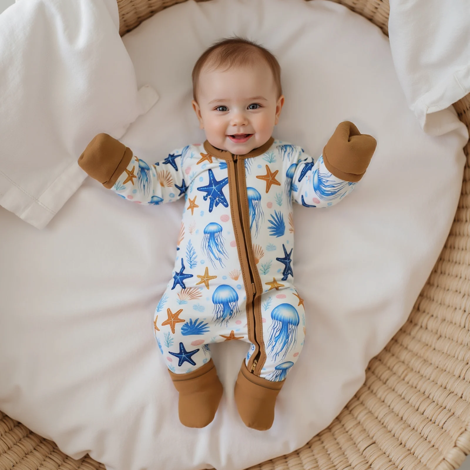ملابس عيد الميلاد للأطفال الصبي رومبير نجم البحر طباعة كم طويل رقبة مستديرة كامل طول البريدي بذلة ملابس حديثي الولادة