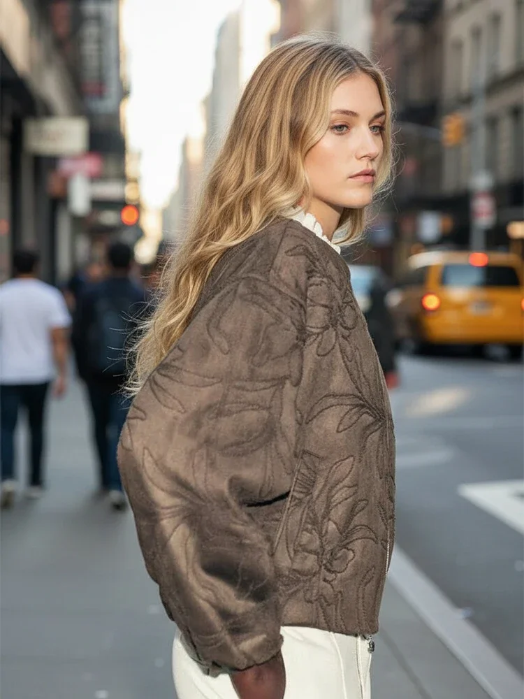 

Long-sleeved Zipper Pocket Loose Short Jackets Lady Daily Street Outerwear Casual Suede Embroidered Coat Women Chic Round Neck