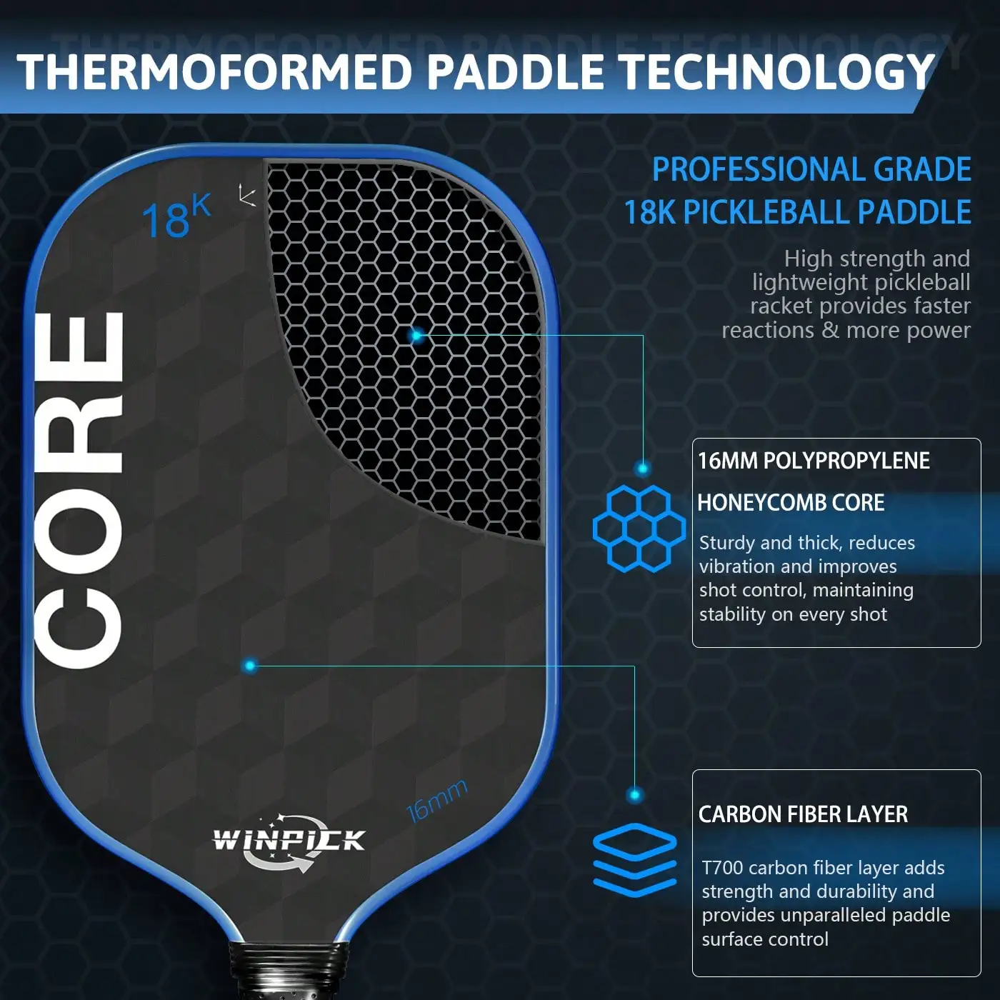 WINPICK Pickleball Paddle, T700 Carbon Fiber Thermoformed Pickleball Paddle USAPA Approved With High Spin &Amp; Power, 16MM Polypropylene Honeycomb Core, Anti-Slip Comfort Grip 18K Pickleball Racket