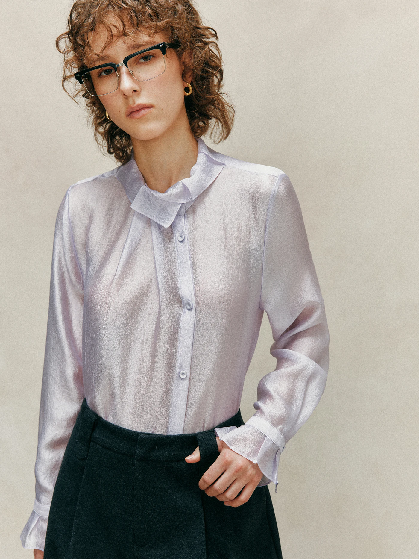 

Slimming Loose irt Women's Petal Collar Anti-Wrinkle Lightweight Airy Casual Long Sve Cleanfit Sle Rigid Fiber