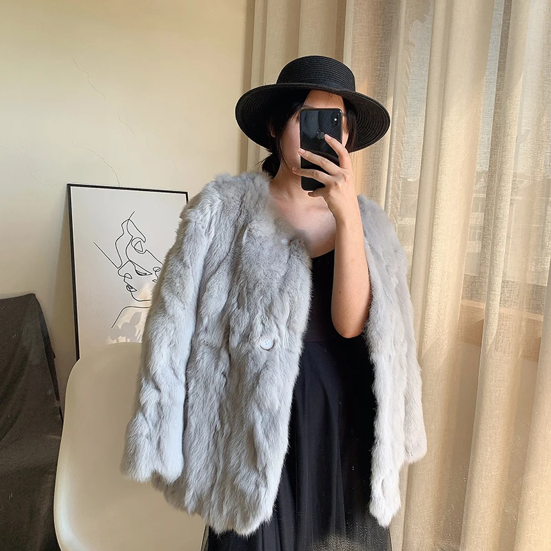 Real Fur Coat Women Round Neck Single-Breasted Warm Fashion Medium to Long Gray Rex Rabbit Fur Camperas Invierno 2023 De Mujer