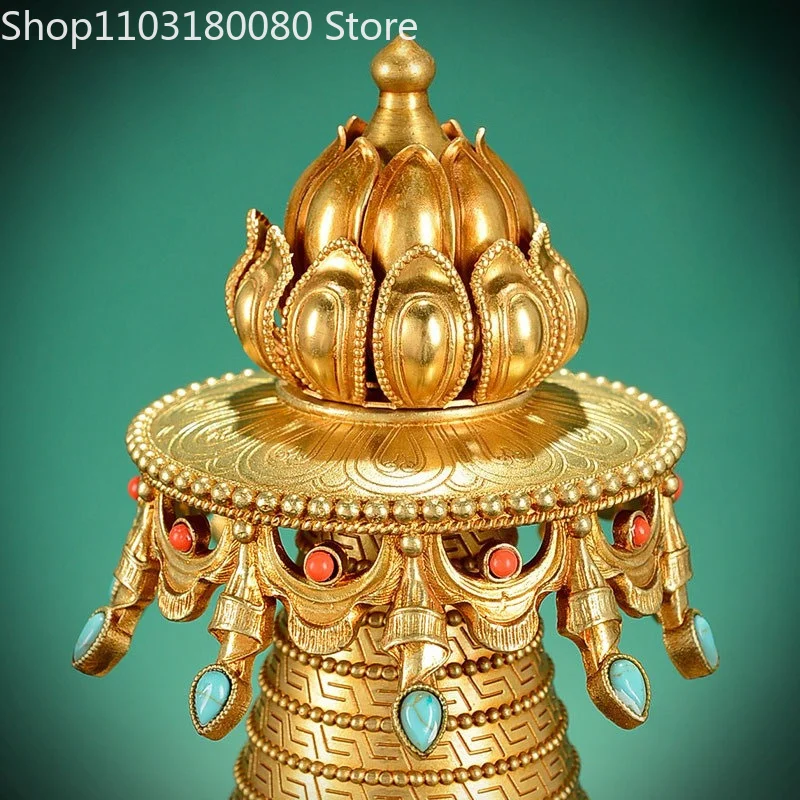 Tibetan Buddhist Kadampa Stupa Gilded Copper Hand Carved Inlaid Sacred Shrine Statue Altar Homde Decor,30cm,20.5cm