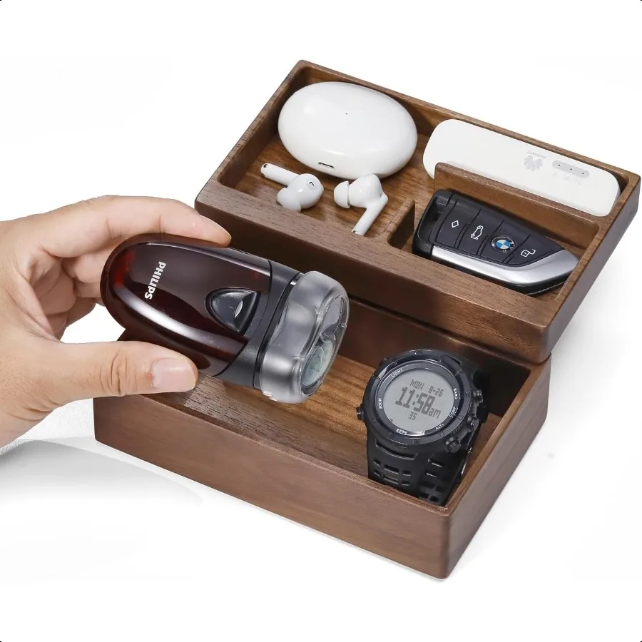 

Valet Tray Box Walnut Wooden Storage Box Office Desk Daily plies Organizer