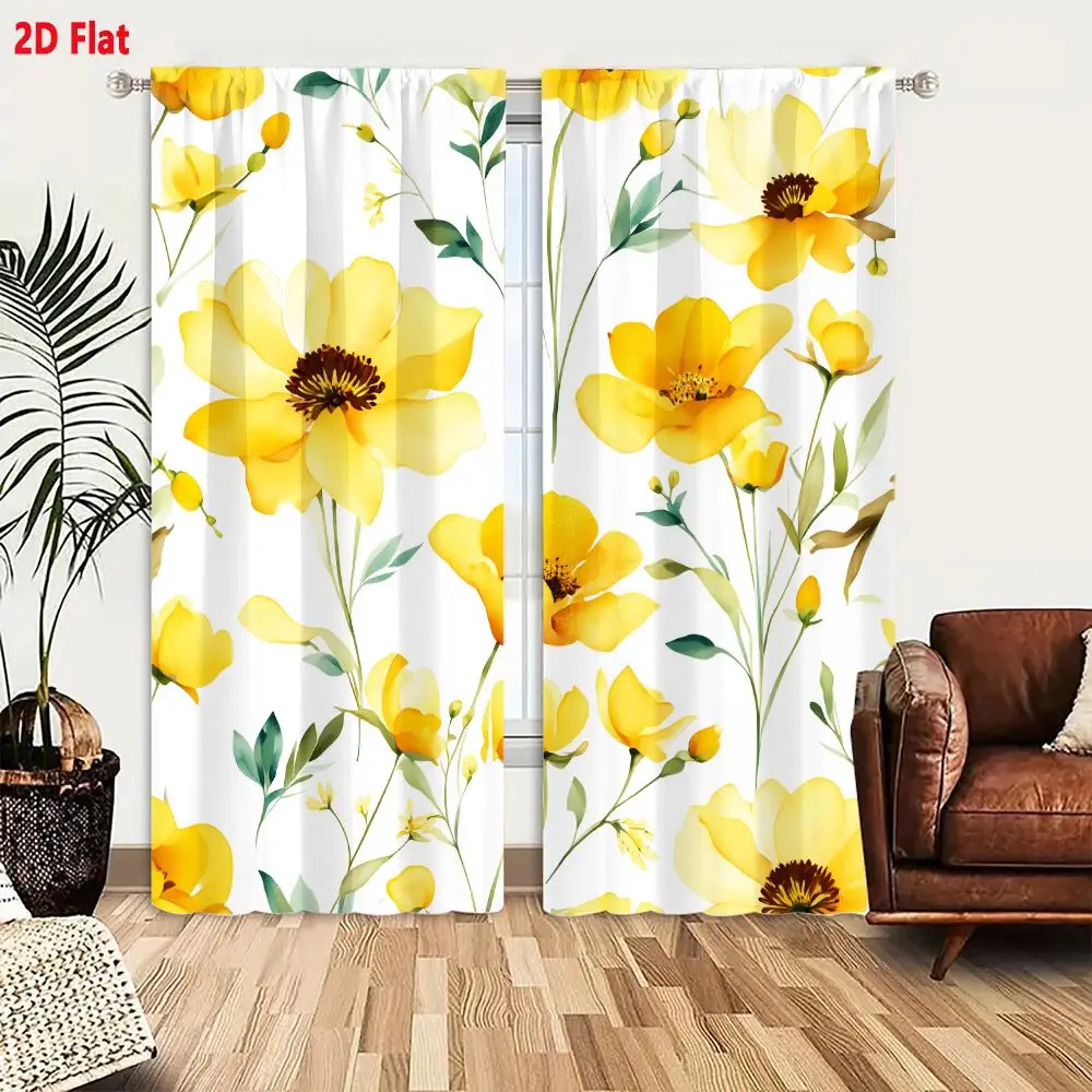 2Pcs Curtains 2D Flat Yellow Flowers Seamless Pattern Watercolor Style With Green Leaves And Stems On White Background Bright Ch