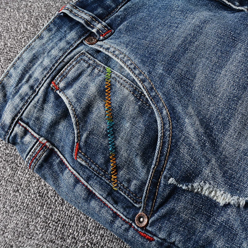Newly Summer Fashion Men Jeans Retro Blue Embroidery Designer Short Ripped Jeans Homme Vintage Patchwork Casual Denim Shorts Men