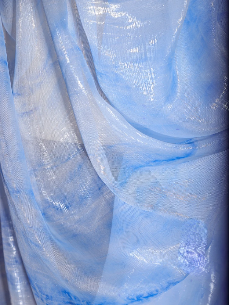 Organza Fabric Sea Blue Tie Dye Thin Gauze Printed Dress Screen Window Decoration Clothing Designer Fabric for By The Yard Diy