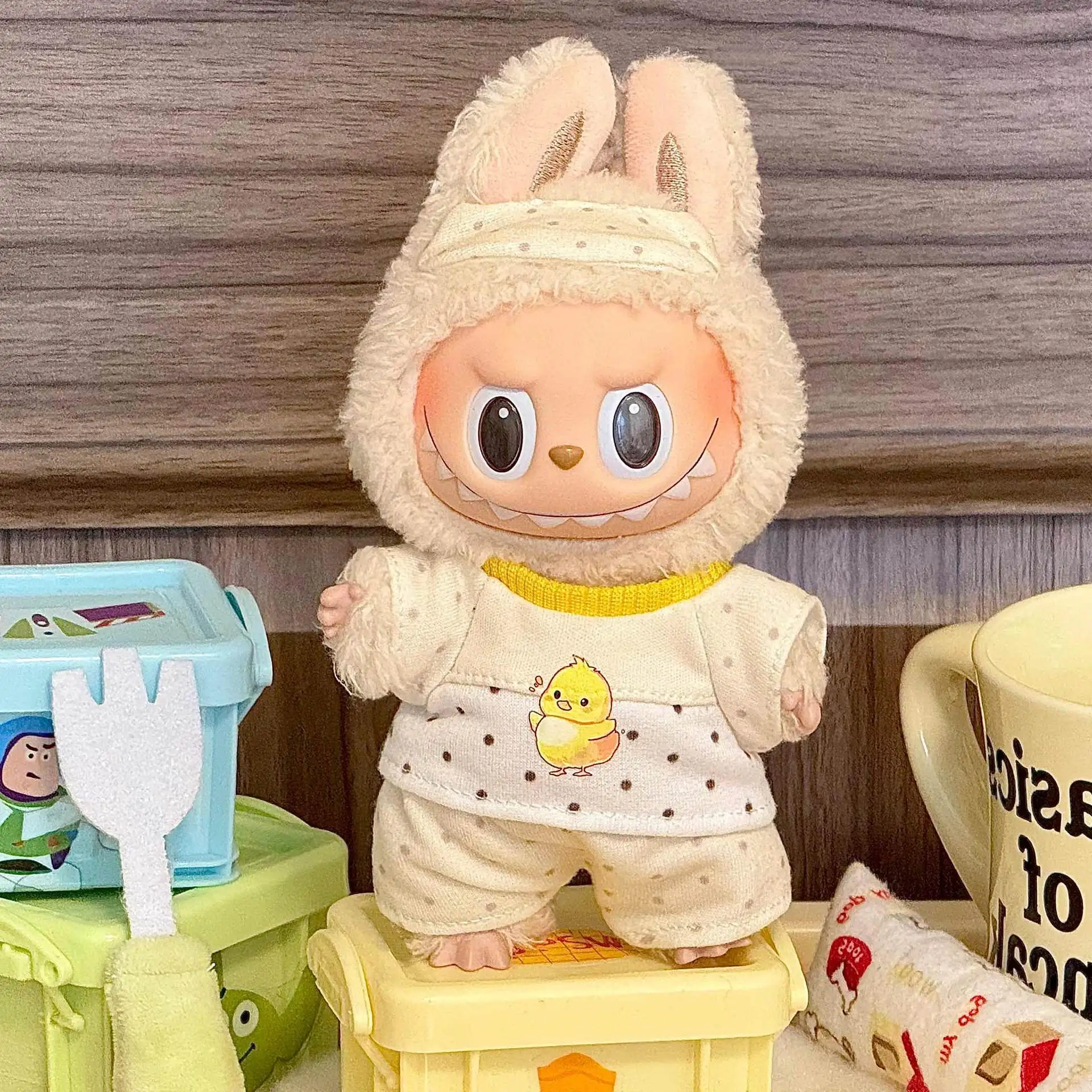

Labubu Cute Home Leisure Set Cream - Yellow Chick Print With Polka Dots And Eye Mask For 15/17cm1st - 3rd Gen Dolls