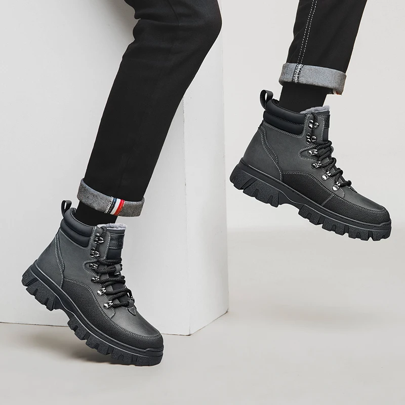 

Fashionable British Style Thick Soled Outdoor High Top Boots Luxury Brand Leather Mens Casual Boots Winter Plush Warm Snow Boots