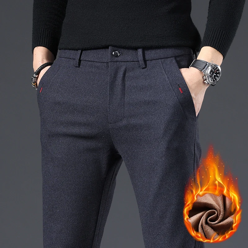 3 Colors Fleece Business Casual Pants Men Winter Thermal Fashion Youth Slim Trousers Stretch Straight Velvet Thicke Male Pants