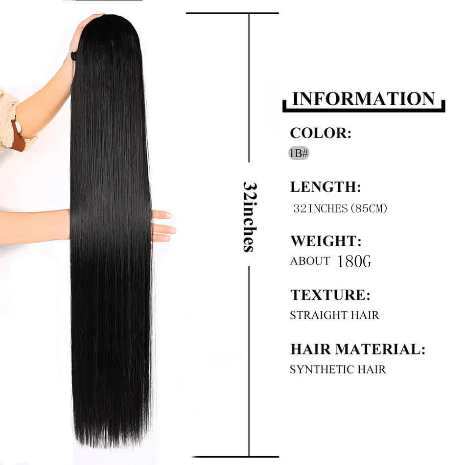 32 Inch Synthetic Long Straight Drawstring Ponytail Hair Extensions Organic Fiber Heat Resistant Black Hairpiece for Women