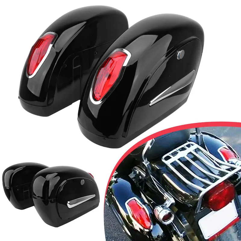 Universal Motorcycle Saddle Bags Side Luggage Bag w/ Retro Oval Red Light Fork Tool For Harley Honda Yamaha Suzuki Touring