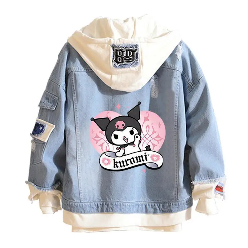 

Kuromi Teenagers Hooded Splicing Loose Fashion Jacket Melody Girl Casual Sports Spring Autumn New Denim Coat Sweet Tops