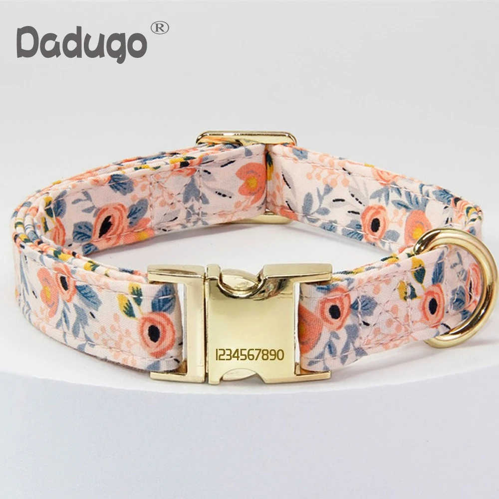 Personalized Floral Print Dog Collar Custom Engraved Name Tag Gold Metal Buckle Adjustable Cotton Pet Collar for Small Medium