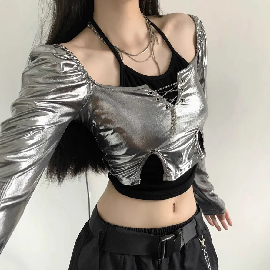 الخريف الأوروبية الأمريكية الجديدة فتاة الفضة الربط طويلة الأكمام الرقبة قاع قميص الرقبة الحمالة وهمية قطعتين أعلى