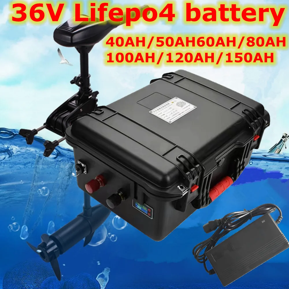 

waterproof Lifepo4 36V 40Ah 60Ah 80Ah 100ah 120Ah 150Ah Lithium battery bms for trolling motor RV Camping car+Charger