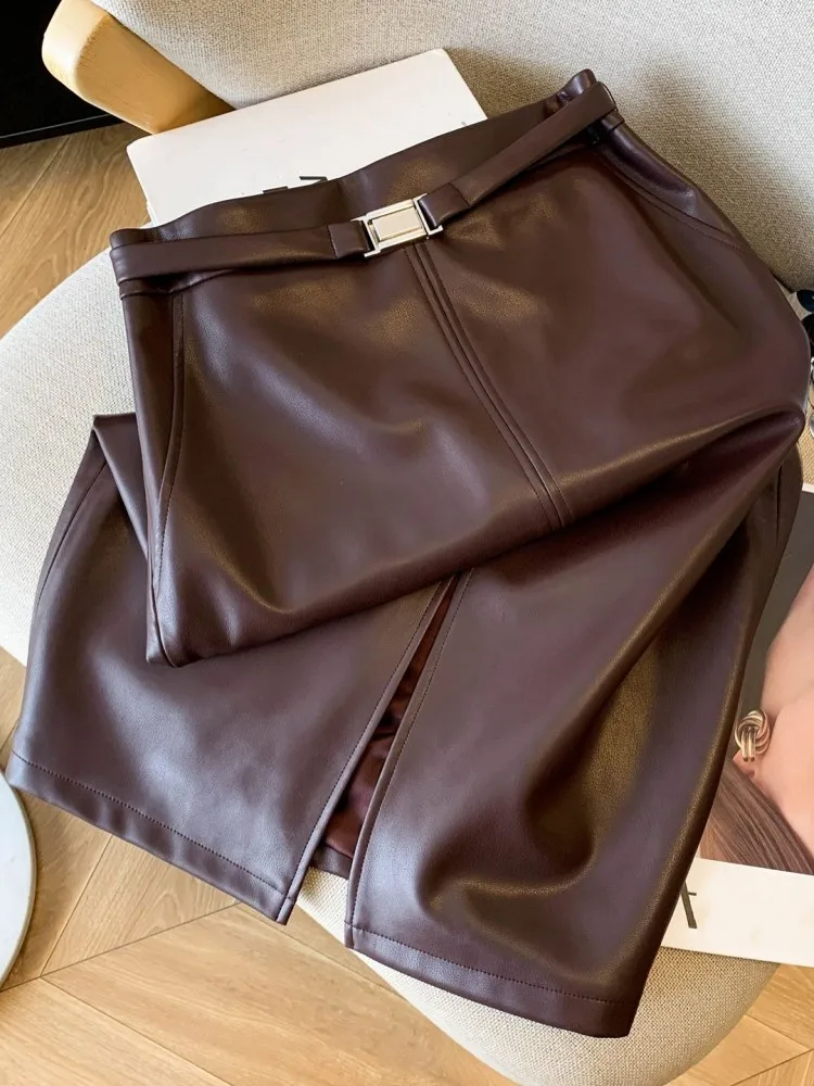 Elegant Lady High Slim Fit A-Line Skirt Waist PU Leather Rear Zipper Cargo Skirt High Street Autumn Fashion Women Casual Skirts