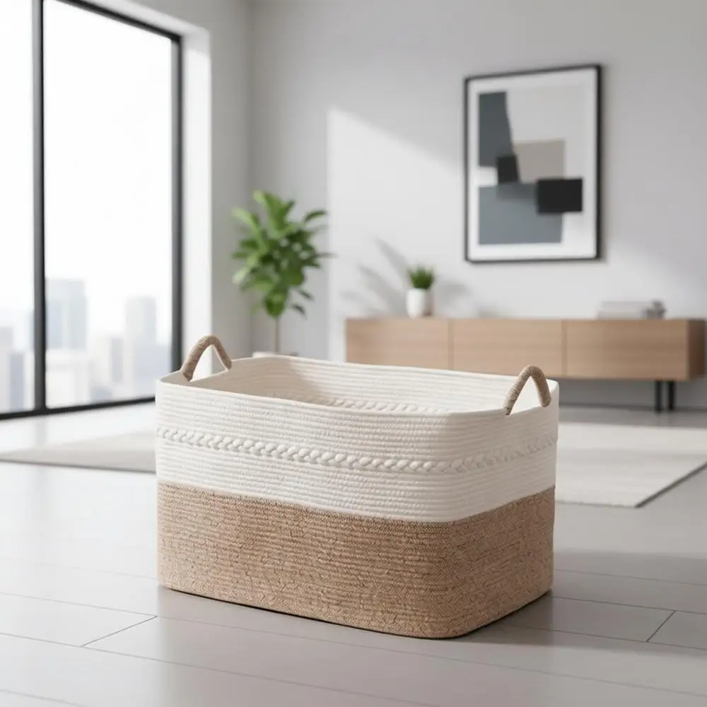 

Большая корзина для белья из хлопкового каната с ручками для хранения одеял, пледов, одежды, игрушек и подушек - 24x16x14 дюймов, белая